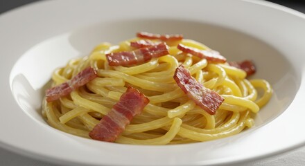 Pasta dish with creamy sauce and bacon strips served in a white bowl.