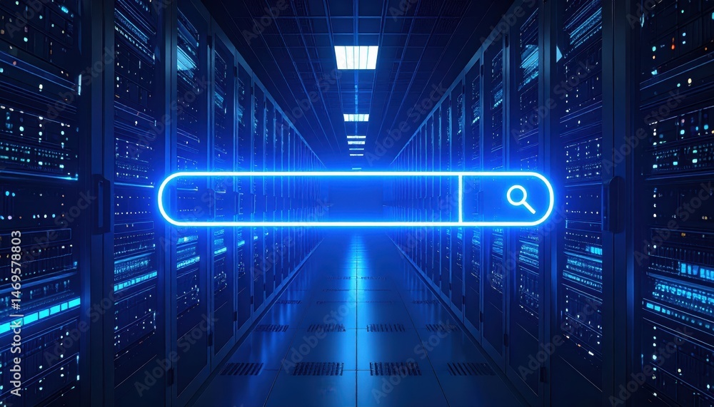 Poster server room interior showcasing rows of data storage cabinets with a glowing search bar indication f