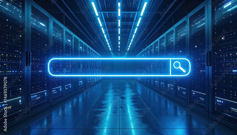 Poster modern data center interior featuring rows of server racks with illuminated panels and a large searc