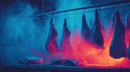 Meat hanging on a rack to showcase the heat-map visualization of the drying process in meat preservation techniques
