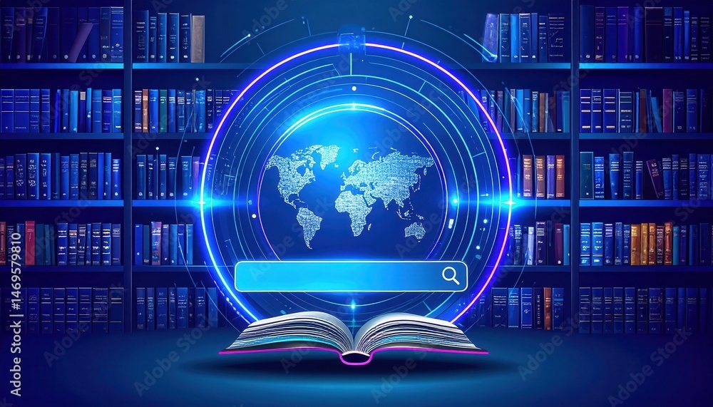 Poster digital library concept with a glowing world map and search bar over an open book in a blue-themed b