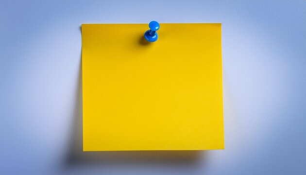 single yellow post it note attached to wall with blue push pin as simple practical message quick reminder blank memo paper for business home educational use write important information list on