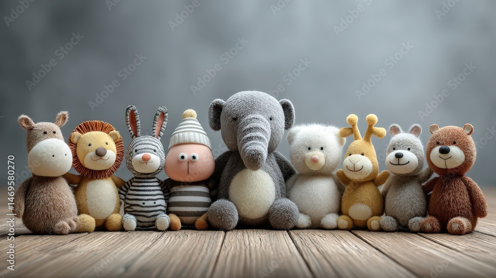 Poster Delightful group of adorable stuffed animals formed in a semicircle display on a soft surface for playful interaction