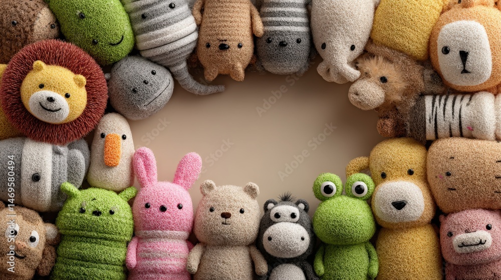 Poster Charming group of diverse stuffed animals arranged in a semicircle formation on a soft surface for playful display