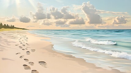Fototapeta premium Beach Footprints Sunset Ocean.