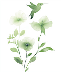 Obraz premium Black and white vector illustration of a hummingbird flying above black flowers.