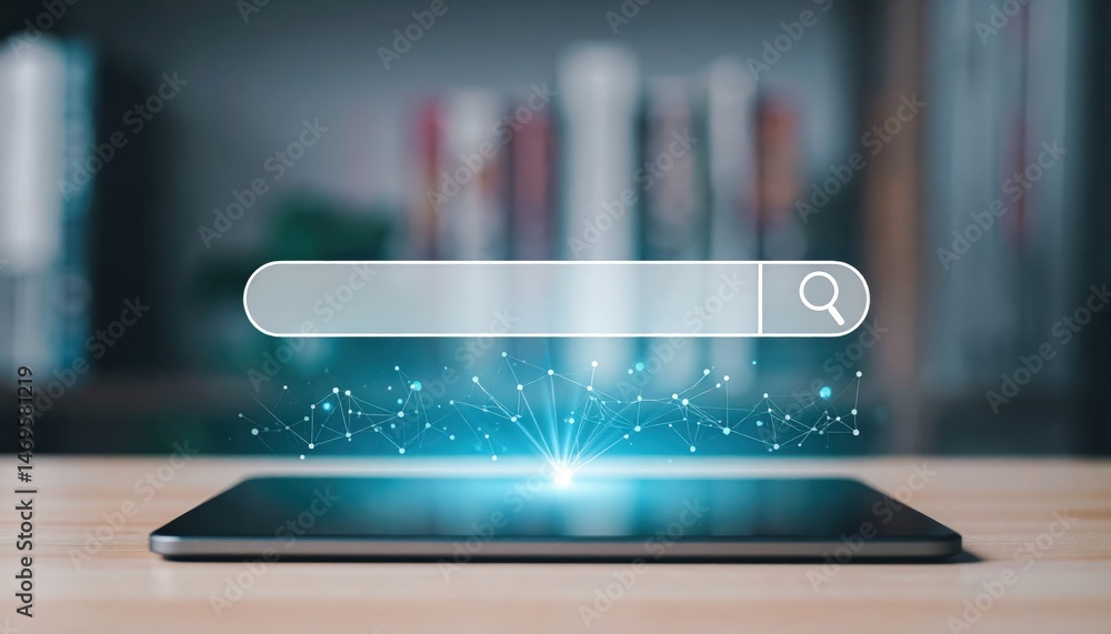 Aufkleber digital search interface emerging from a tablet device, showcasing technology and innovation in a mo