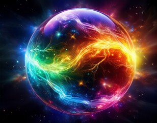 radiant rainbow colored sphere form with sparkling details on dark cosmic background bright sphere surface electric discharge energy round planet globe with colorful plasma lightning