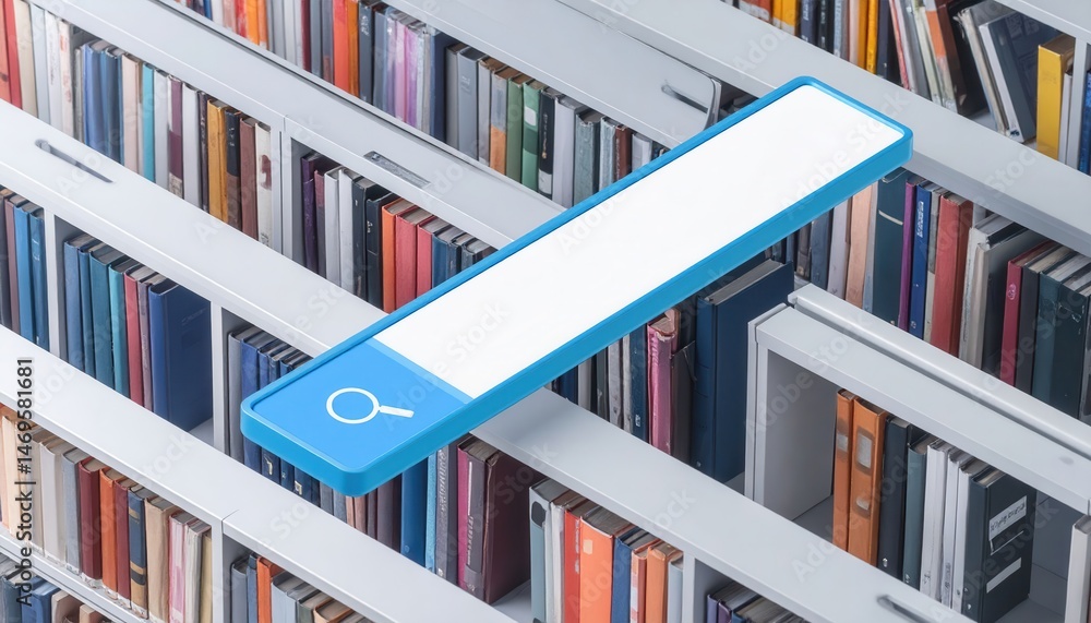 Poster search bar over rows of colorful books in a modern library setting highlighting digital integration 