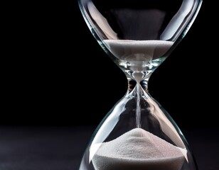close up of hourglass with white sand and copy space on black background time timekeeping shape and colour concept