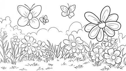 Black and white illustration of a field of flowers and butterflies.  Simple, outlined flowers and grass fill the foreground,