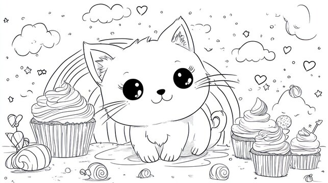 Cute cartoon cat sits amidst cupcakes and rainbow.  Whimsical coloring page features a sweet-faced cat surrounded by treats, clouds, and a rainbow