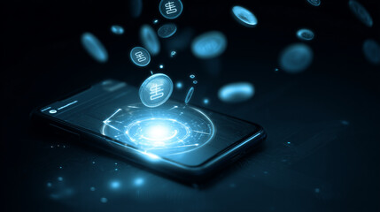 Smartphone screen displaying holographic cryptocurrency icons in futuristic blue interface with virtual technology. Financial innovation concept
