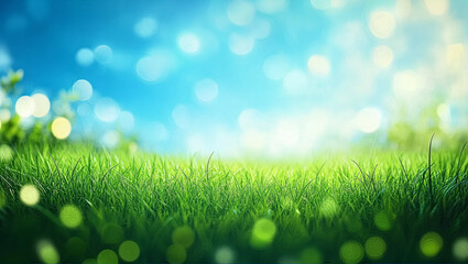 Obraz premium A serene landscape showcases lush green grass under a vast blue sky enhanced by a soft bokeh effect creating a dreamy haze and vibrant textures in a calming atmosphere - Nature Background with copyspa