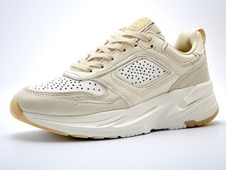 Cream-colored athletic shoe.  A close-up view of a light beige sneaker with a chunky sole, lace-up design, and perforated detailing