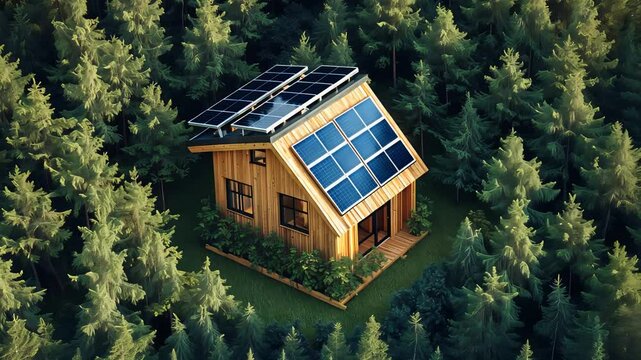 Wooden tiny house with large solar panels on rooftop surrounded by dense green forest captured in bright daylight from aerial top-down angle

