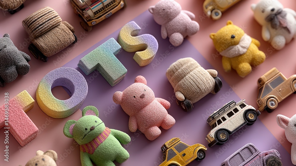 Poster Flat-lay of colorful stuffed animals in gradient colors with soft textures creating a playful and whimsical display