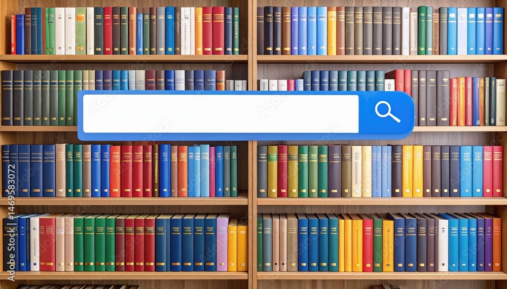 Poster colorful bookshelf with various books and a search bar icon overlay for digital library or study the