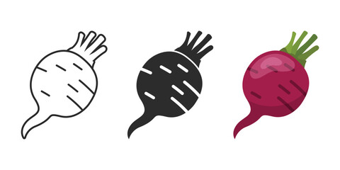 Beetroot vegetable with leaves icon set collection in flat style. Beet plant vector illustration on isolated background. Healthy food sign business concept.