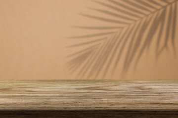 Soft shadows of a palm leaf cast on a warm beige wall above a rustic wooden table surface in a...