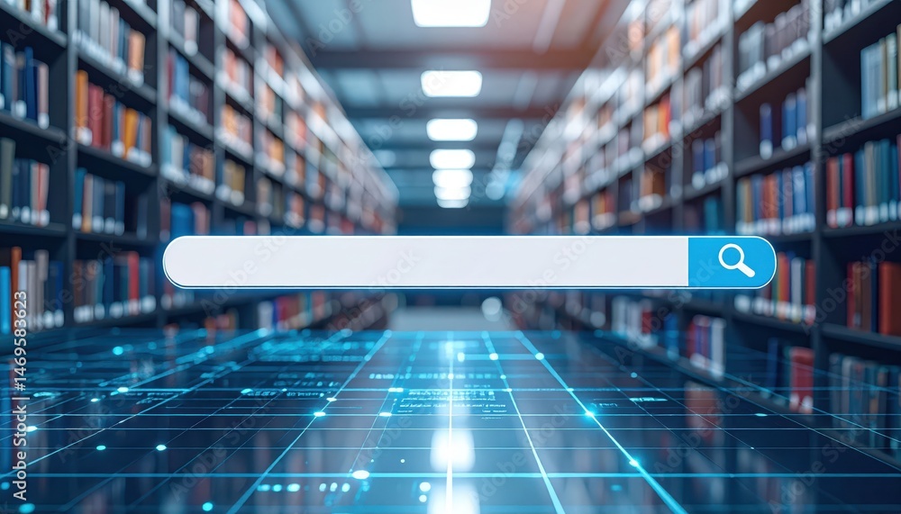 Poster futuristic library search interface overlay on a digital grid with colorful book spines in the backg
