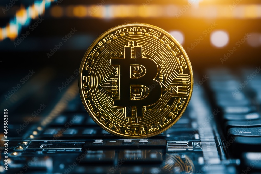 Aufkleber golden bitcoin coin rests on a computer keyboard with glowing background showing trading activity