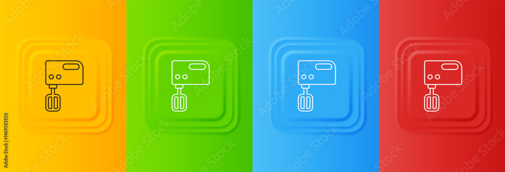 Poster white electric mixer icon isolated on colorful background. kitchen blender. set icons in square butt