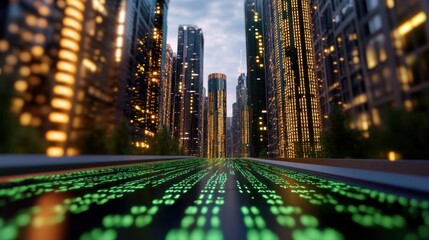 Futuristic 3D road cutting through binary code skyscrapers, data cityscape concept