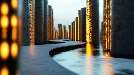 Futuristic 3D road cutting through binary code skyscrapers, data cityscape concept