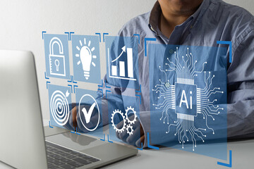 AI technology and data security represented by digital interface with icons like lock, lightbulb, target, and AI chip, symbolizing innovation, data analysis, and cybersecurity solutions.