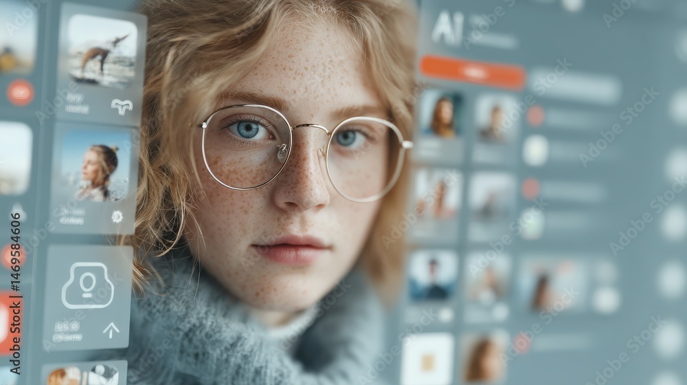 Poster Woman with glasses engaged in digital interface of ai agent profile displayed on a screen in a modern environment
