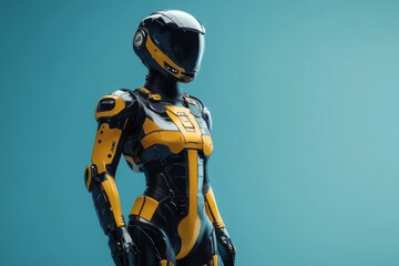 Fototapeta premium Sci-fi concept photo of humanoid figure in black and gold armor showcasing futuristic technology and confident stance 