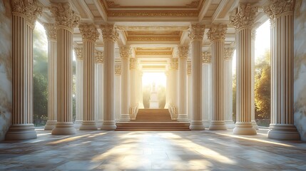 Obraz premium Sunlit neoclassical interior architecture hall high resolution image
