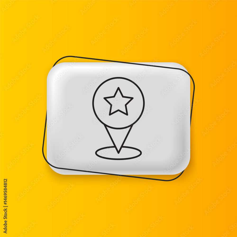Poster black map pointer with star icon isolated on yellow background. star favorite pin map icon. map mark