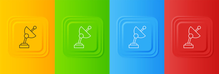 White Radar icon isolated on colorful background. Search system. Satellite sign. Set icons in square buttons. Vector