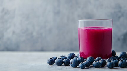 A vibrant blueberry smoothie in a clear glass, surrounded by fresh blueberries, with space for text 