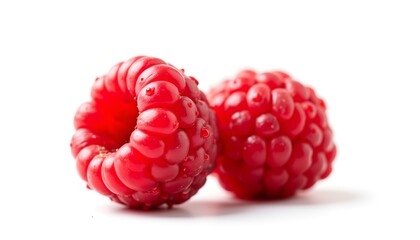 a vibrant, ripe raspberry with glistening droplets of water on its surface, showcasing its rich red hue and delicate texture, isolated on a clean white background.