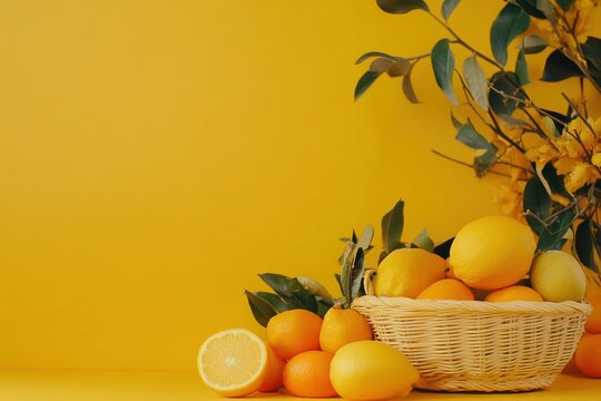 basket of lemons and green leaves on the right side, empty yellow background. freshness and vitality, copy space for text, fruits theme