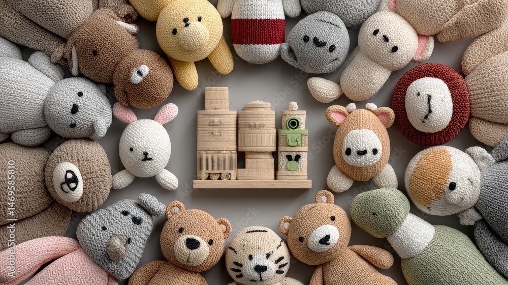 Aufkleber Cheerful arrangement of colorful stuffed teddy bears in a circular pattern on a clean surface from above