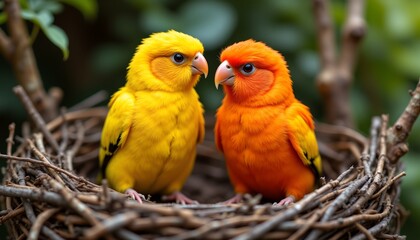 Fototapeta premium two vibrant birds, one a sunny yellow and the other a fiery orange, sit perched side by side in a cozy nest