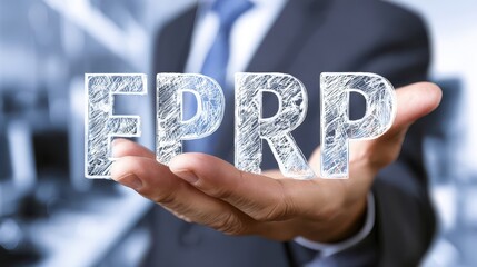 Businessperson presenting a technology acronym in a transparent hand gesture.