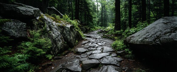 Rainy forest path, stone-paved trail flanked by lush greenery and moss-covered boulders