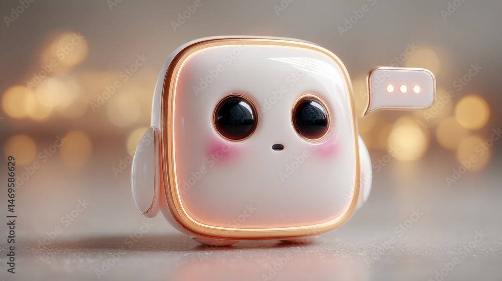 Poster Cute white robot with a pink nose displaying a friendly expression alongside a chat bubble in a modern setting