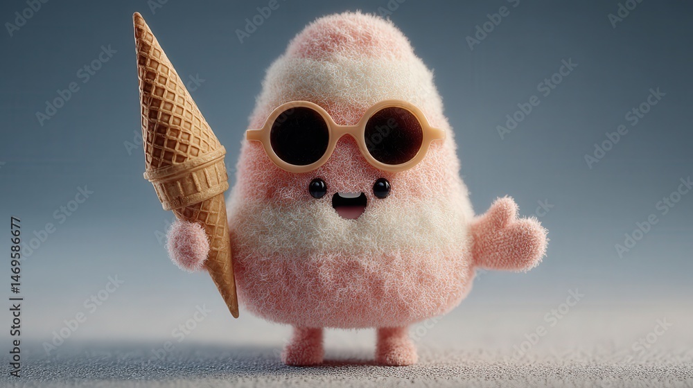 Poster unique pink ice cream bird character with a charming personality in a cartoonish style full of whims