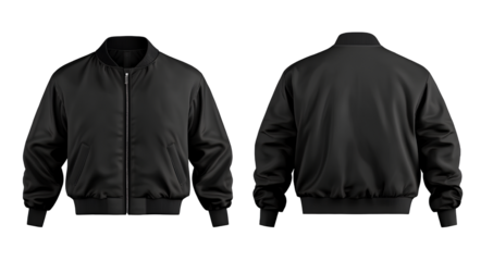  Black baseball jacket mockup template with a white stripe on the sleeves, front and back view isolated on a transparent background