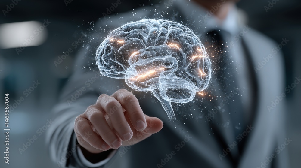 Aufkleber Business professional using tablet to interact with ai support while holding a brain symbolizing innovation