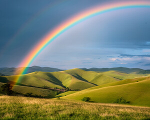 Obraz premium High-resolution pastel rainbow over rolling hills, centered in frame, soft tones and studio clarity