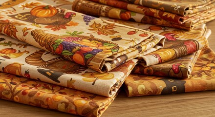 Exquisite Autumn Harvest Thanksgiving Napkins: A Stack of Festive Fall Fabric Napkins with...