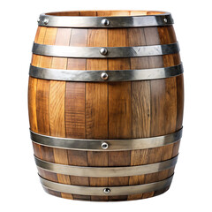 Obraz premium A detailed realistic wooden barrel with metal bands, isolated on transparent background