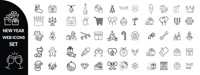 New year set of web icons in line style. Merry Christmas and Happy New Year linear icon collection. Containing winter, xmas, celebration, party, birthday, event, santa, tree, snow